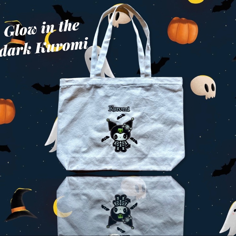 Cute kuromi glow in the dark embroidered 12oz heavy weight tote bag. Handmade